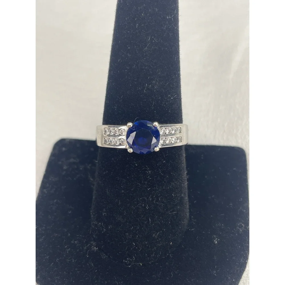 Silver Tone Round Cut Blue Stone Cocktail Ring with Clear Accents Size 7.5